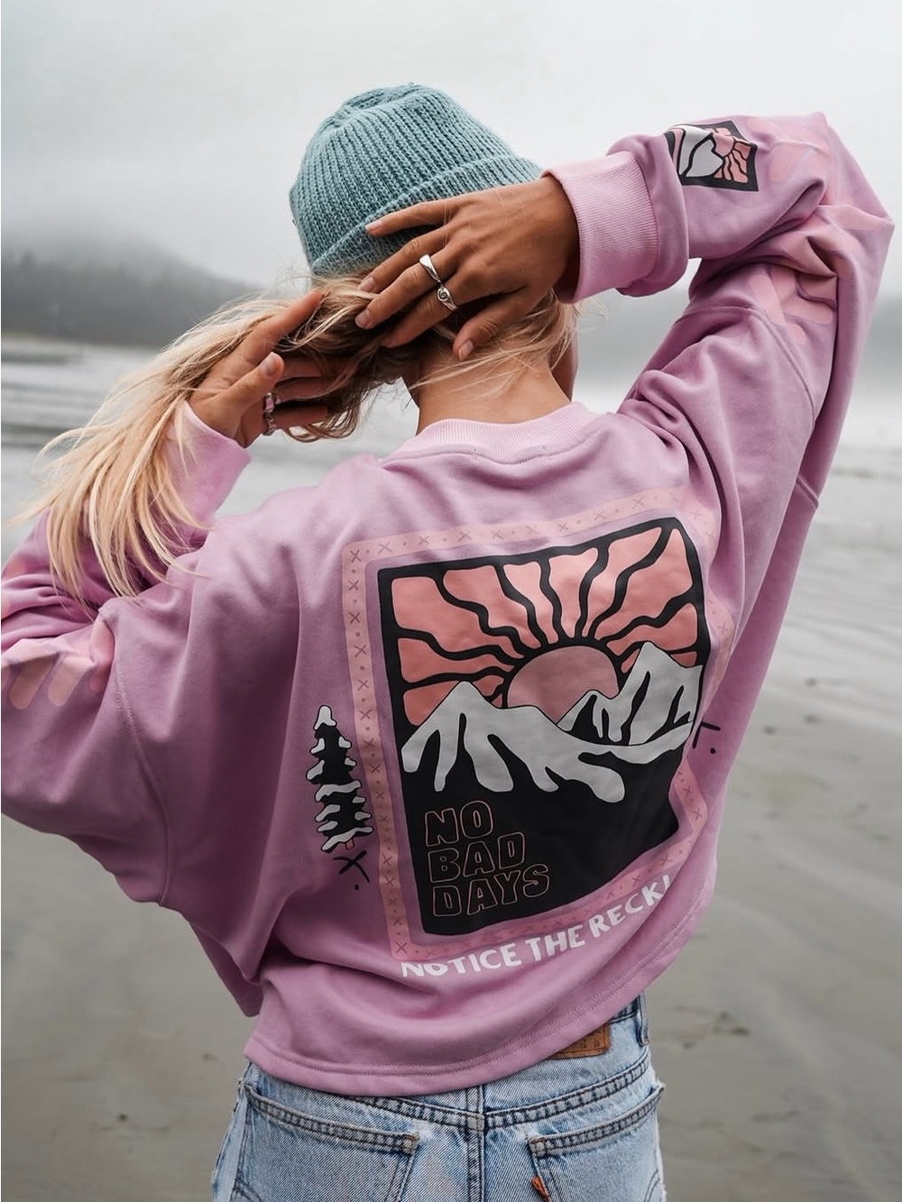Notice the Reckless “No Bad Days” pink cropped long sleeve